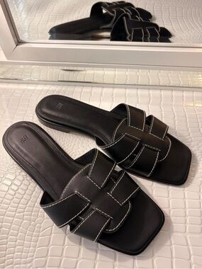 H&M Black Slide Mules with White Contrast Stitching